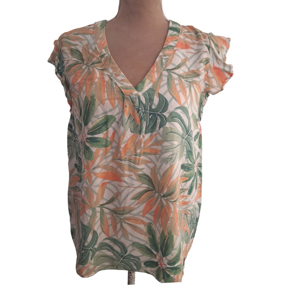 Anne Carson Tropical Palm Leaf Ruffle Sleeve V-Neck Blouse Green Orange Large